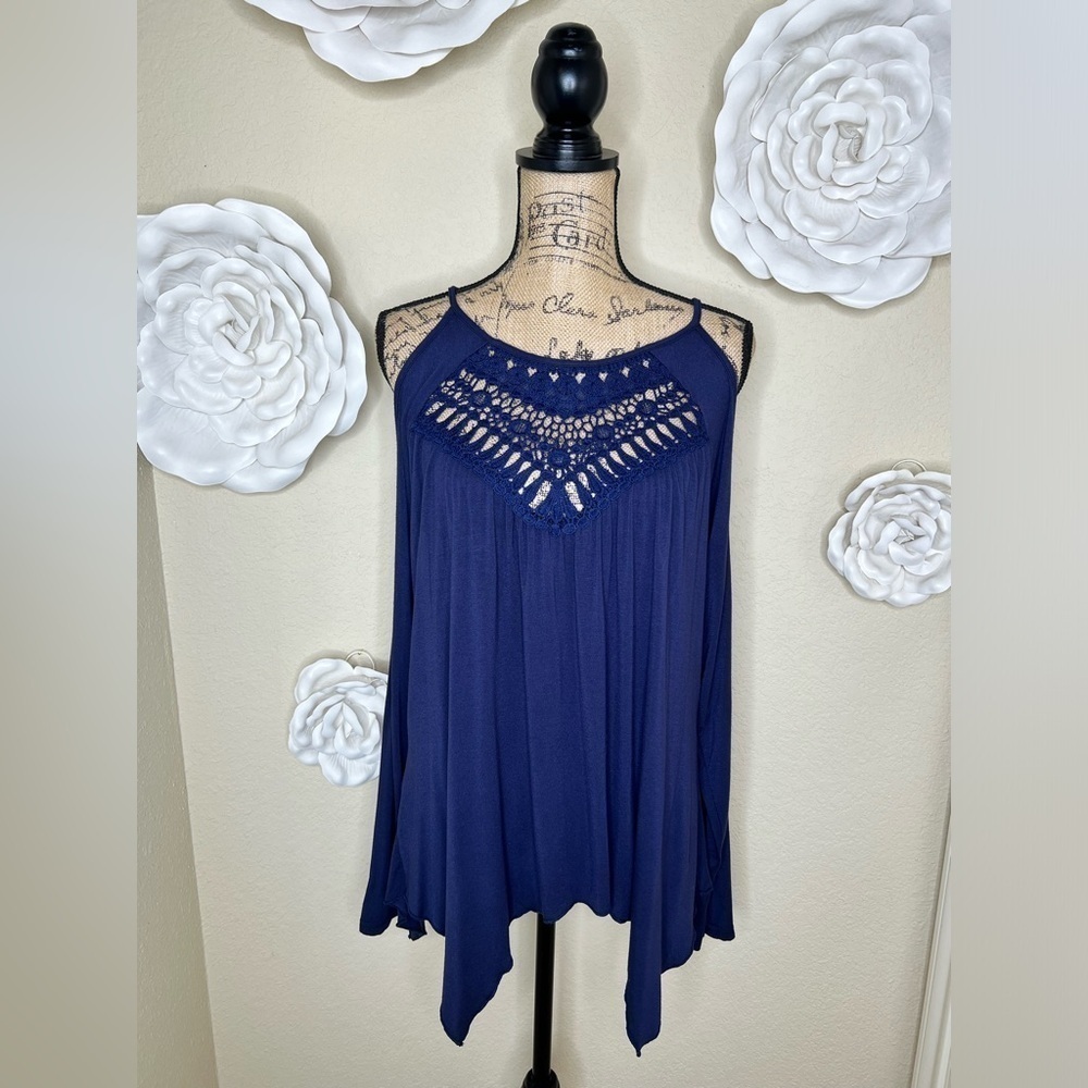 Miholl Long Sleeve Crocheted Navy Cold Shoulder Top Size Medium
